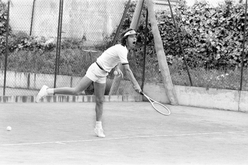 Detail of Mick Jagger playing tennis by Peter Stone