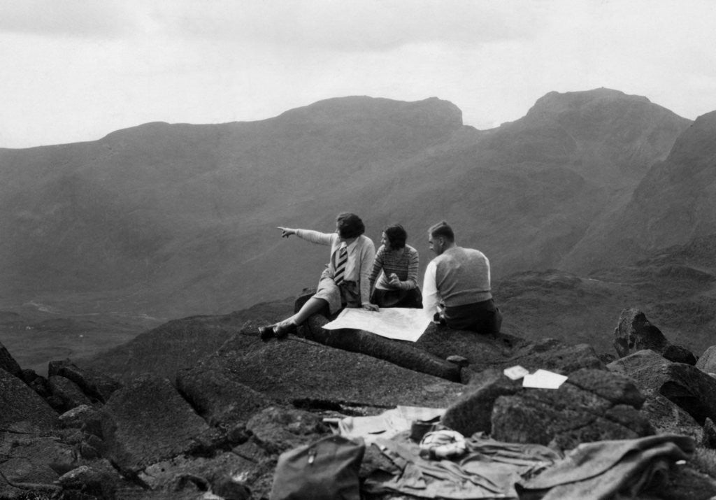 Detail of Lakeland hikers on top of Bowfell by Staff