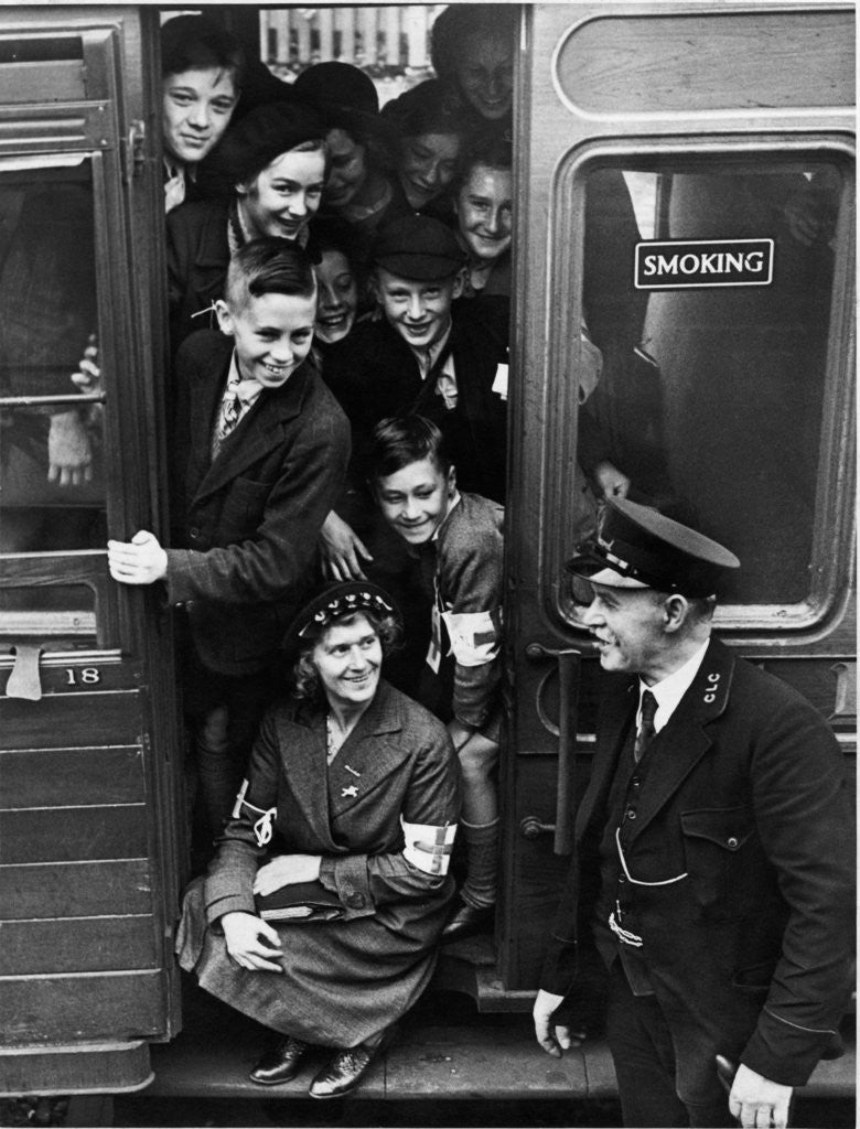 Detail of A carriage filled with evacuees waits for the guard to blow his whistle by Staff