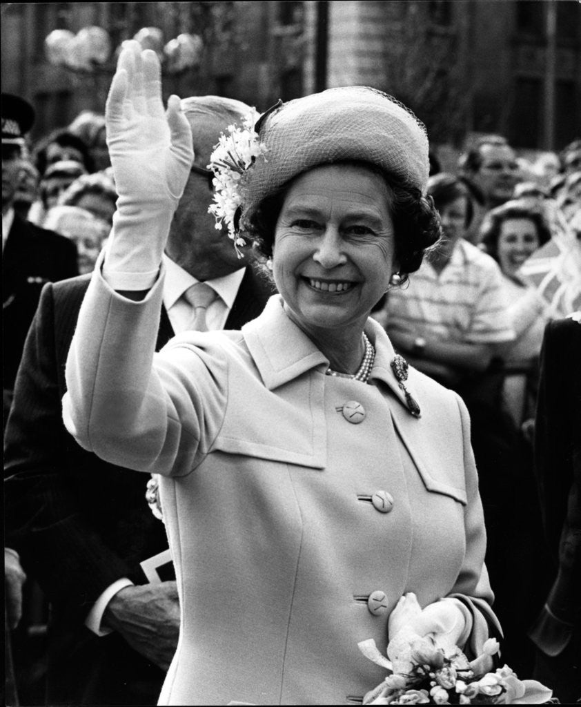 Detail of Queen Elizabeth II smiles and waves farewell to the crowdoutside the Law Courts. Liverpool by Staff