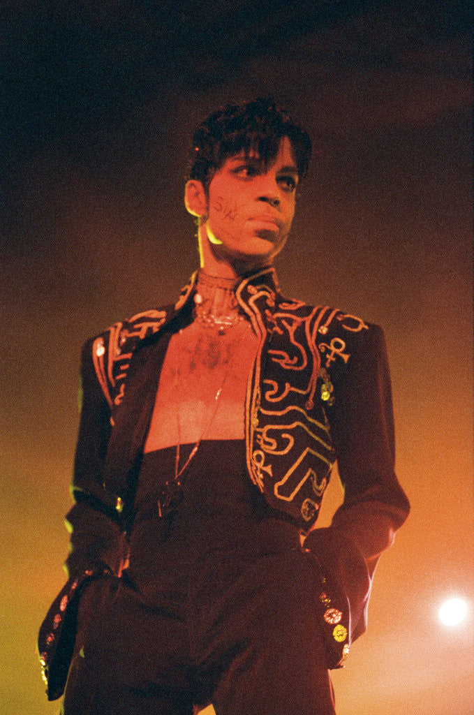 Detail of Prince performing on stage during his 'Ultimate Live Experience Tour' by Richard Nelmes