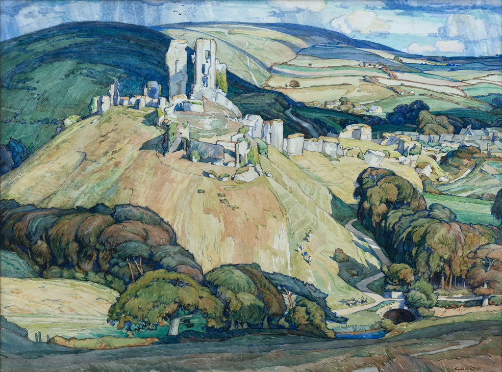 Detail of Corfe Castle from West Hill by Leslie Moffat Ward
