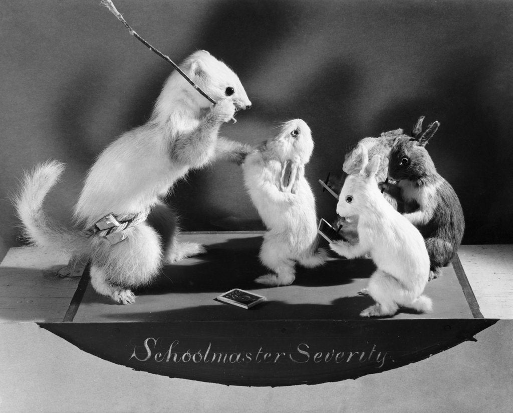 Detail of Schoolmaster Severity, stuffed animals showing typical Victorian classroom scenes by Anonymous
