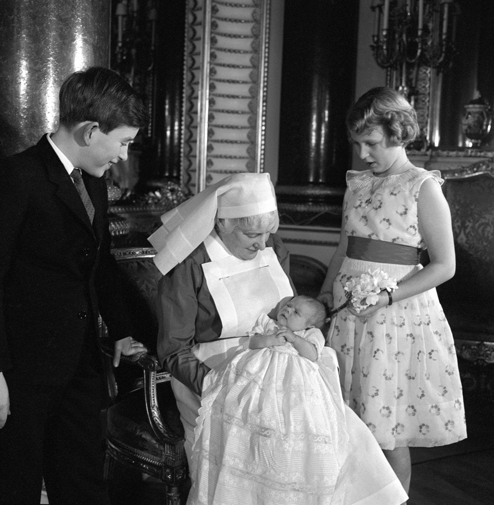 Detail of Prince Charles, Princess Anne and Prince Andrew with their nurse by Cecil Beaton