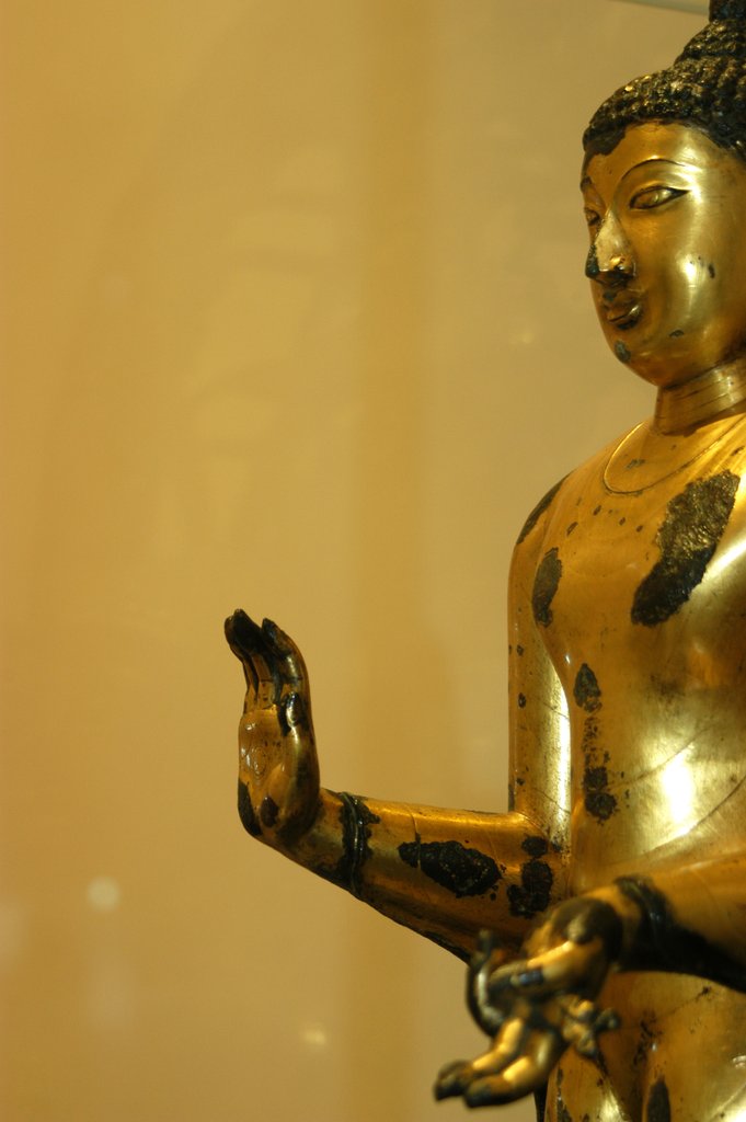 Detail of Standing Buddha with right hand in abhaya mudra, detail by Stuart Cox