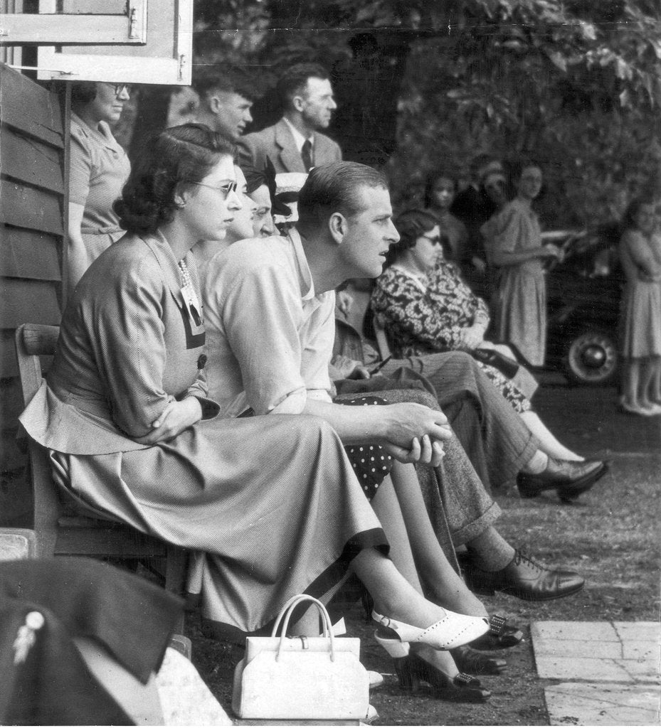 Detail of Princess Elizabeth (Queen Elizabeth II) and the Duke of Edinburgh watching a cricket match by Associated Newspapers