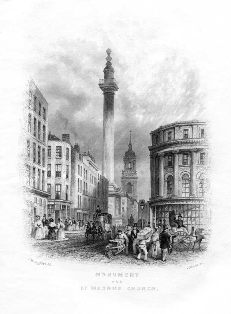 Detail of Monument and Church of St Magnus the Martyr, London by J Woods