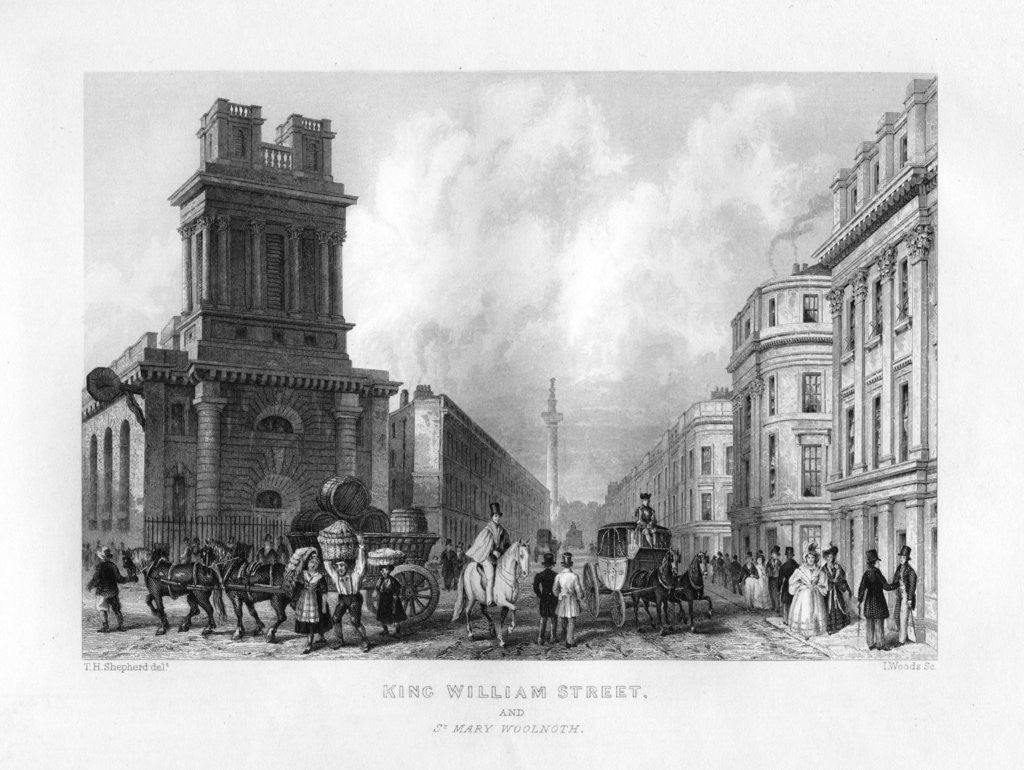 Detail of King William Street and St Mary Woolnoth, London by J Woods
