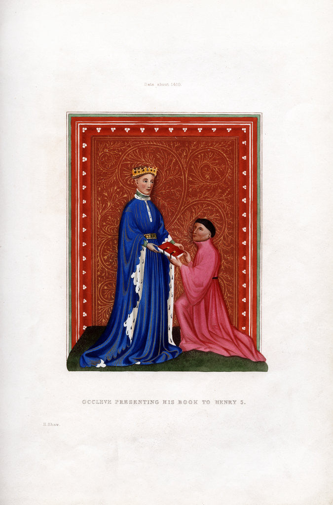 Detail of Occleve presenting his book to Henry V by Henry Shaw