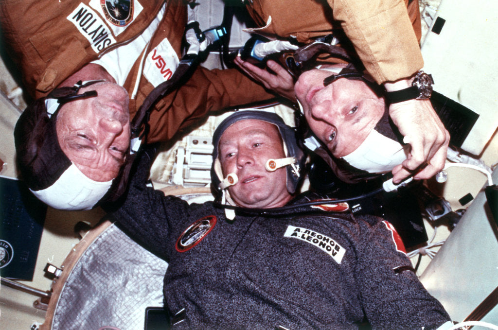 Detail of The two crews of the joint US/USSR ASTP docking in Earth orbit mission by Unknown