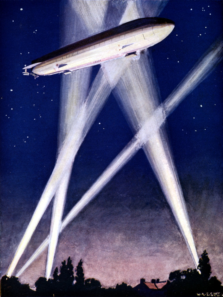Detail of Zeppelin airship caught in searchlights during a bombing raid over England, 1916 by Unknown