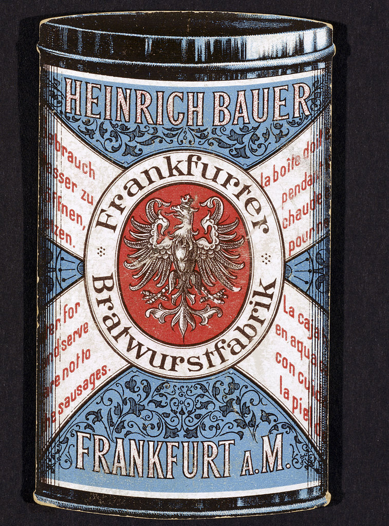 Detail of Trade card for tinned Frankfurters produced by Heinrich Bauer of Frankfurt am Main, Germany, c1895 by Unknown