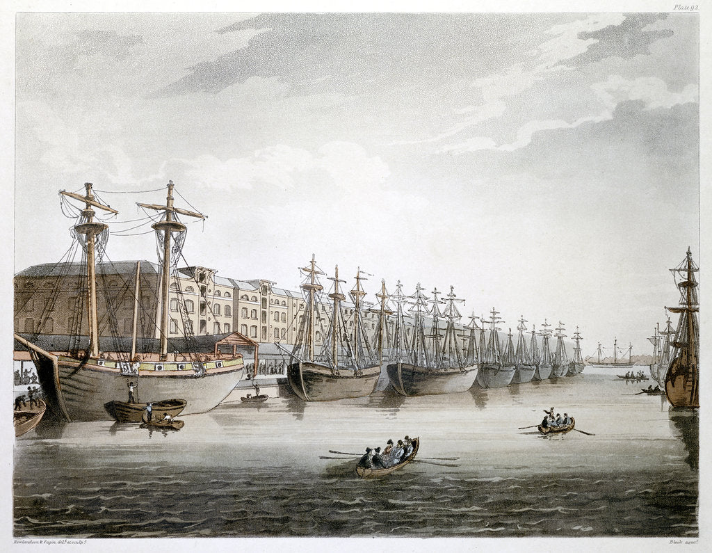 Detail of West India Docks, London, 1808-1810 by Augustus Charles Pugin