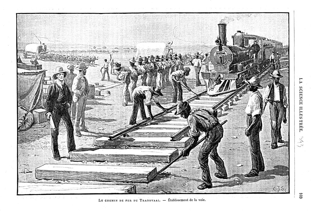 Detail of Laying sleepers and rails (permanent way) on the Transvaal Railway, South Africa, 1893 by Unknown