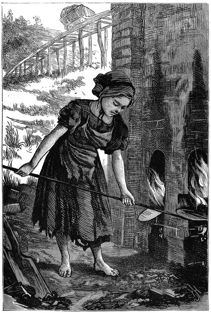 Detail of Young girl tending the fire holes of a brick kiln, 1871 by Unknown