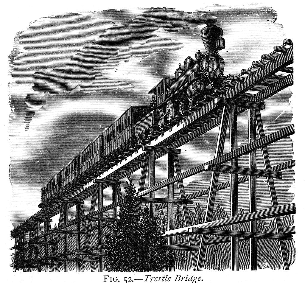 Detail of Train crossing a wooden trestle bridge on the Union Pacific Railroad, Wyoming, USA, c1870 by Unknown