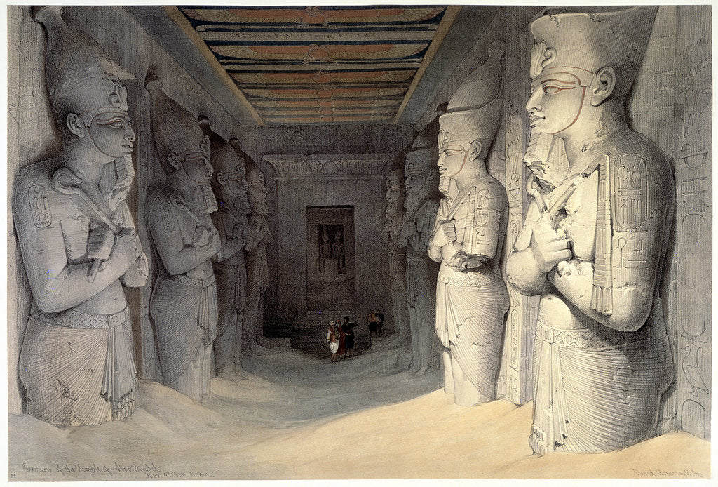 Detail of Giant limestone statues of Rameses II, Temple of Rameses, Abu Simbel, Egypt, 1836 by David Roberts