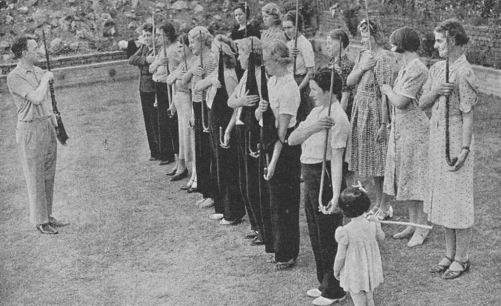 Detail of Members of the Women's Volunteer Defence Corps being trained in rifle drill, World War II, 1940 by Unknown