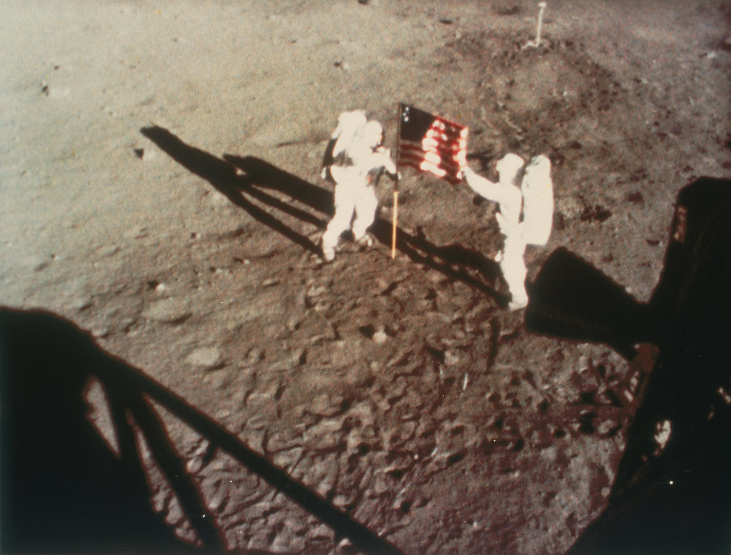 Detail of Armstrong and Aldrin unfurl the US flag on the moon, 1969 by Unknown