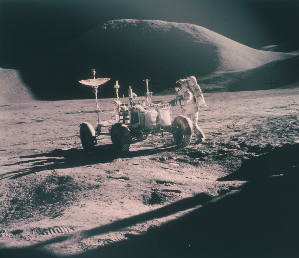Detail of Apollo 15 astronaut James Irwin with the Lunar Rover, August 1971 by Unknown