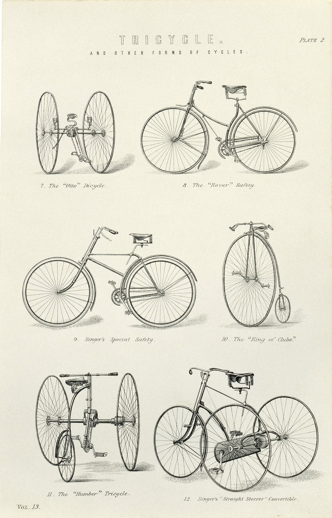 Detail of Six early forms of bicycles and tricycles, 19th century by Unknown