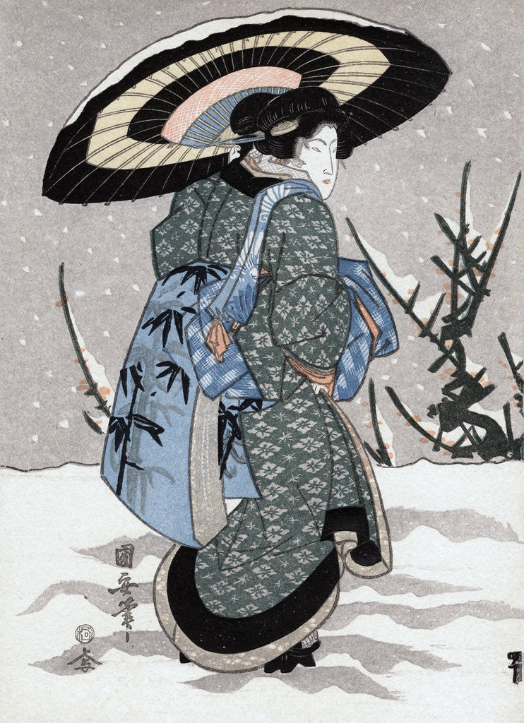 Detail of Girl in Snow Storm by Kuniyasu