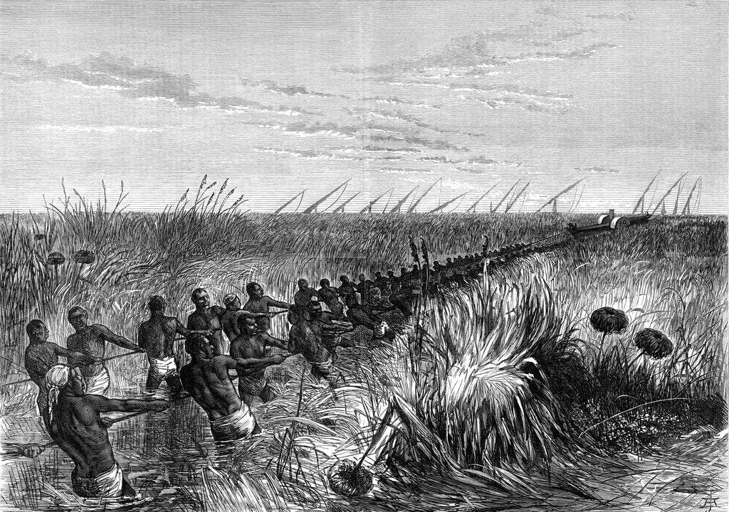 Detail of Samuel Baker's boat hauled through river grass, 1864 (1874) by Unknown
