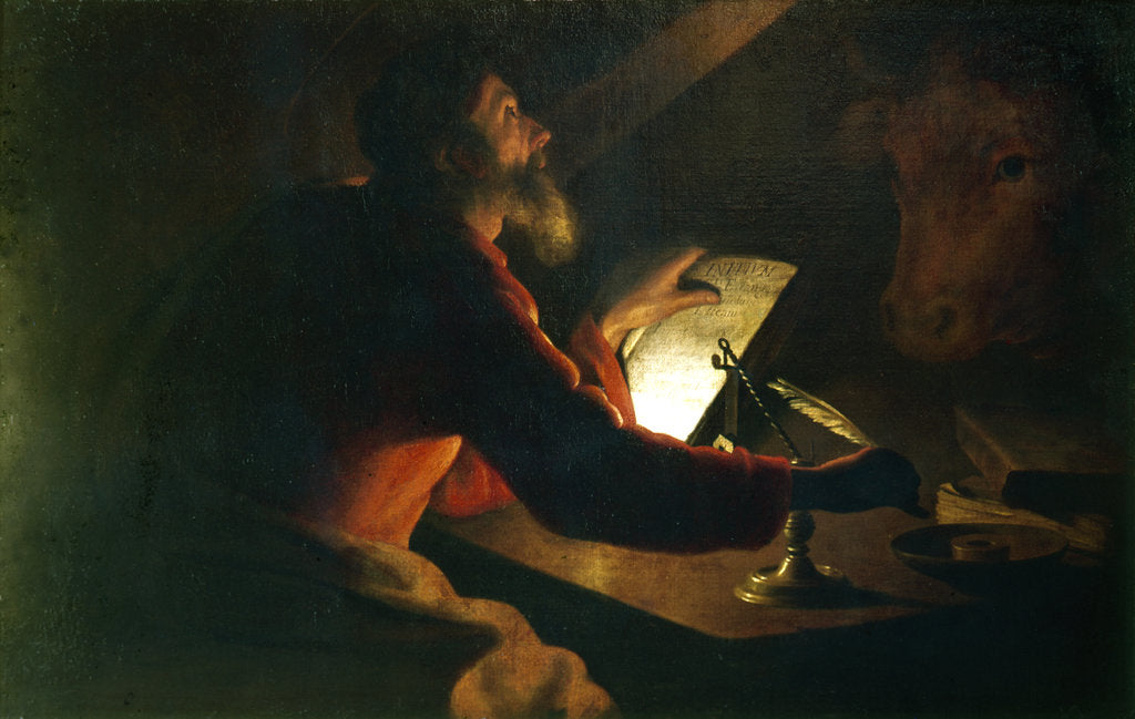 Detail of St Luke the Evangelist writing his Gospel watched by his symbol, an ox, 17th century by Unknown