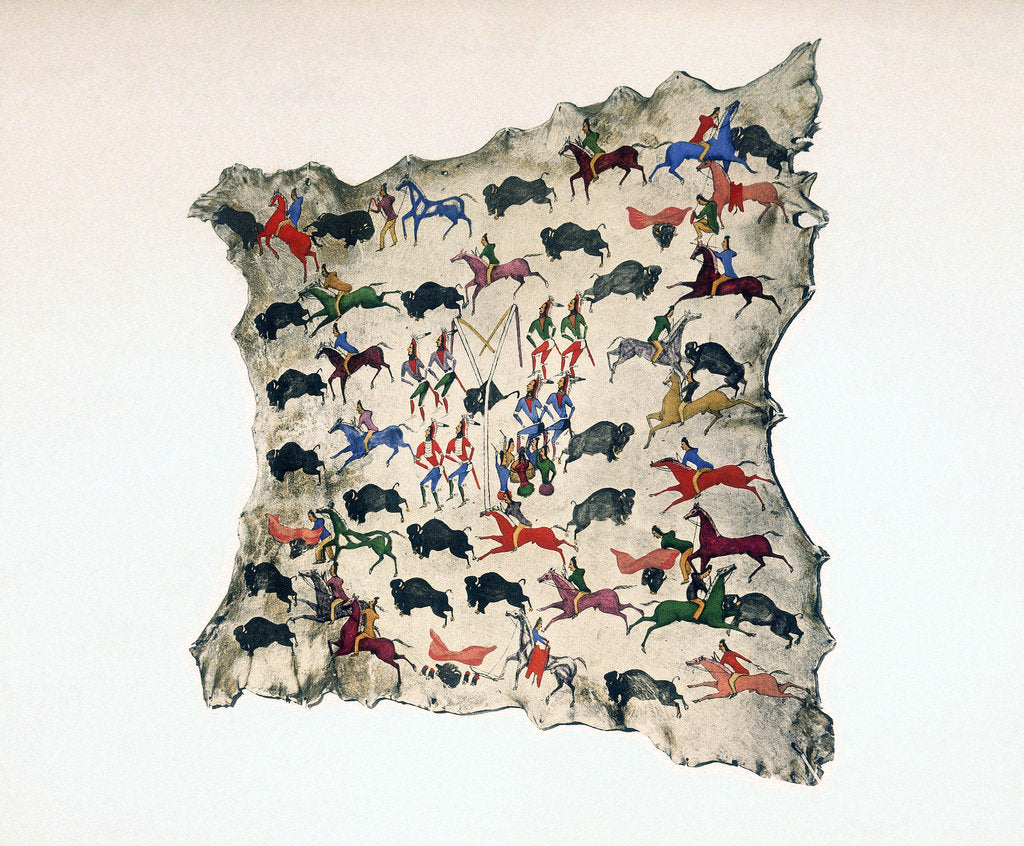 Detail of Moose skin by North American Shoshone Indian, showing Buffalo hunt, 20th century by Katsikodi