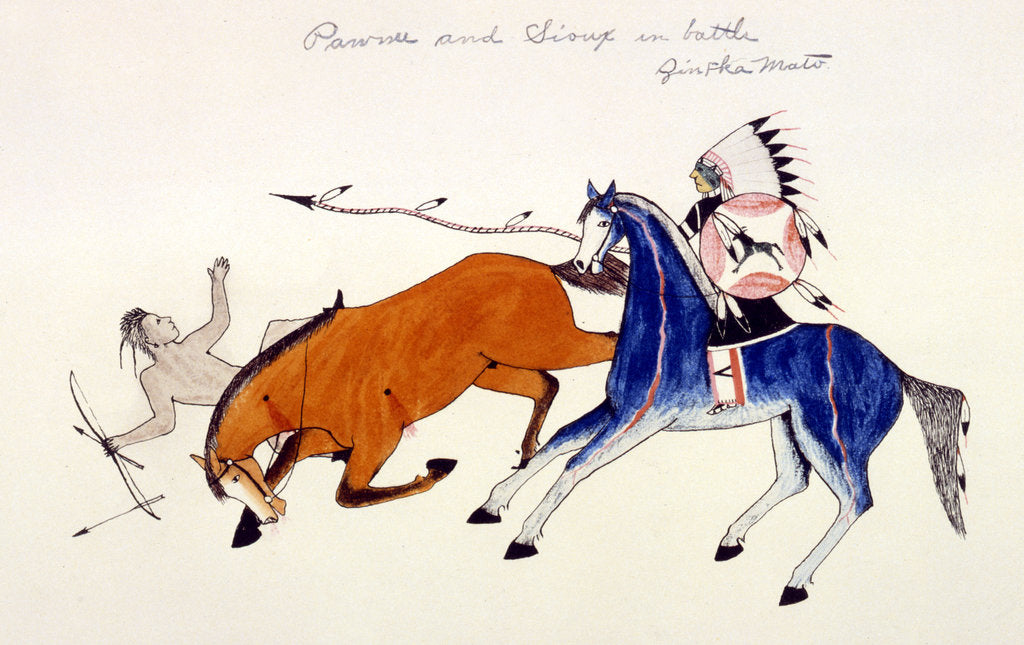Detail of Unhorsing of a Pawnee warrior by Dakota Sioux warrior Zintka Mato (Dog Bear), c1889-1927 by Kills Two