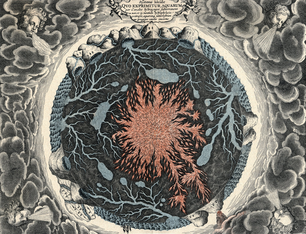 Detail of Sectional view of the Earth, showing central fire and underground canals linked to oceans, 1665 by Unknown