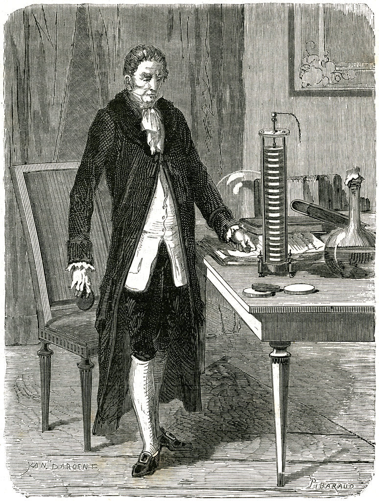 Detail of Alessandro Volta, Italian physicist, demonstrating his electric pile (battery), c1800 (c1870) by Unknown