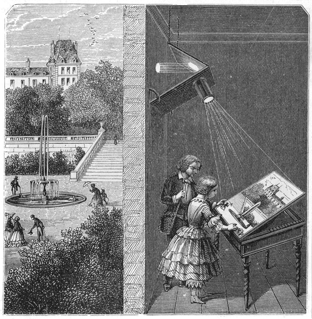 Detail of Children watching an outdoor scene through a camera obscura, 1887 by Unknown