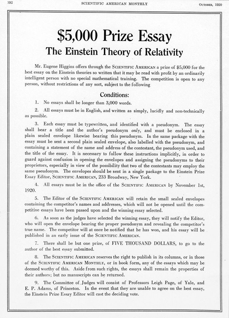 Detail of Prize offered in Scientific American, October 1920, for an essay on Einstein's theory of relativity by Unknown