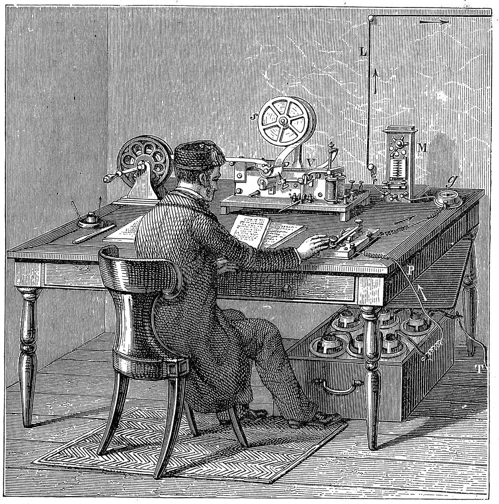Operator sending a message on a Morse electric printing telegraph, 1887 by Unknown