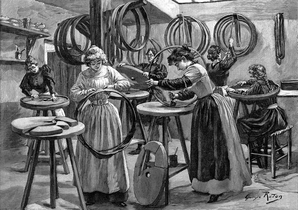 Detail of Women making pneumatic tyres for bicycles, France, 1896 by Unknown
