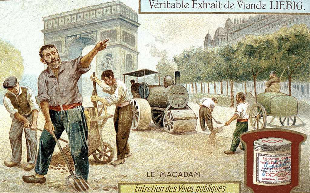 Detail of Laying a Macadam road surface and compacting it with a steam road roller, Paris, c1900 by Unknown