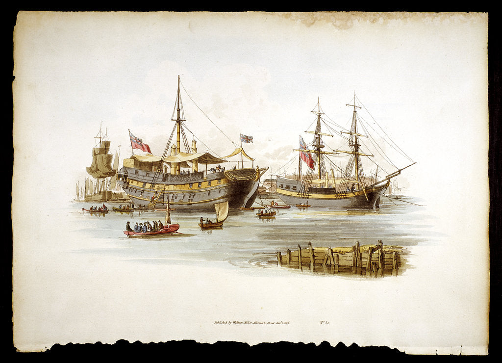 Prison ships (hulks or tenders) in the Thames off the Tower of London, 1805 by William Henry Pyne
