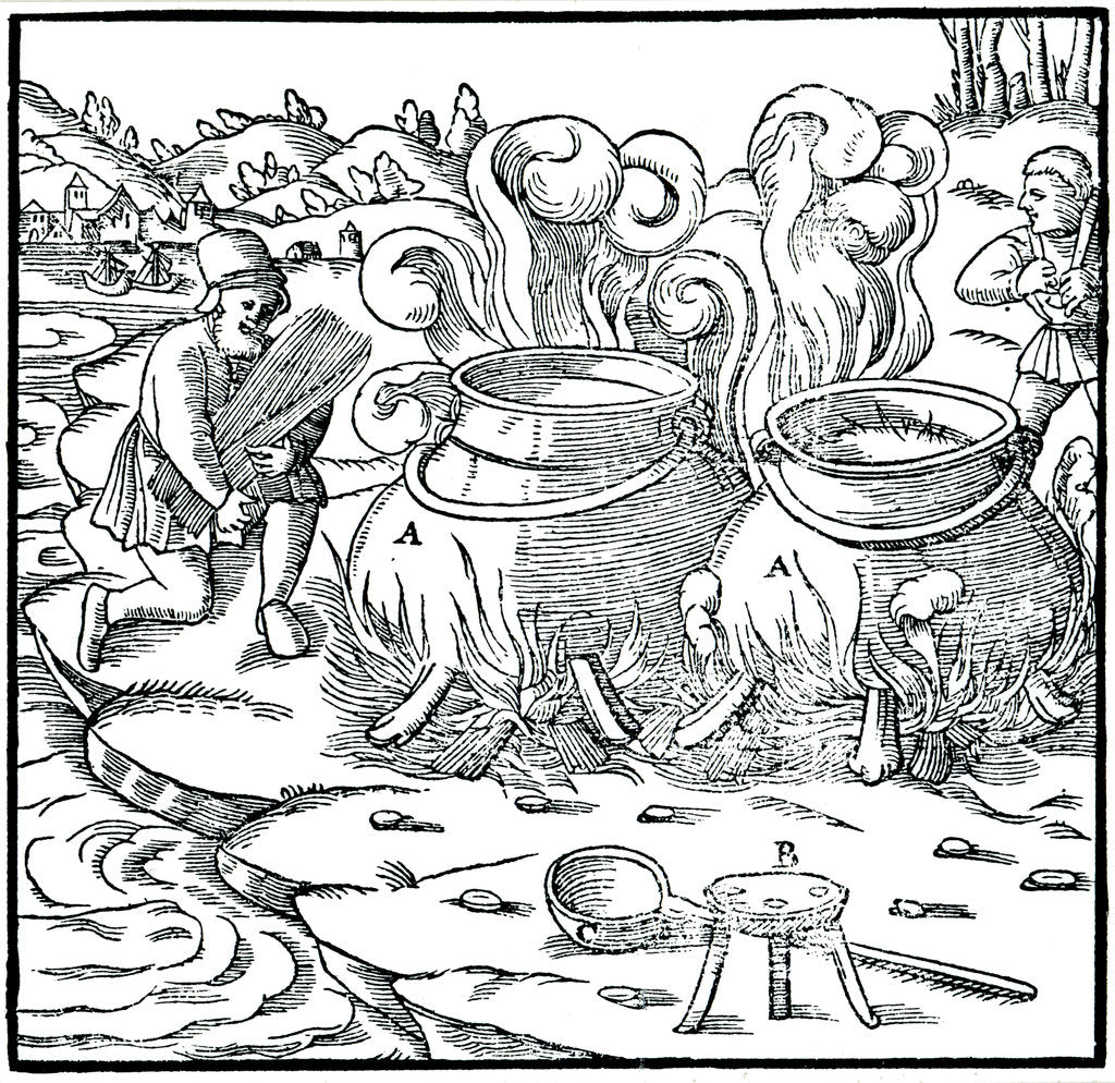 Detail of Evaporating sea water in iron pots to obtain salt, 1556 by Unknown