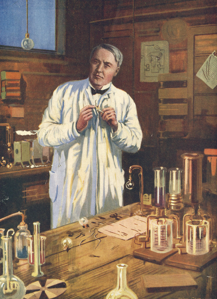 Detail of Thomas Edison, American inventor, in his laboratory, Menlo Park, New Jersey, USA, 1870s (1920s) by Unknown