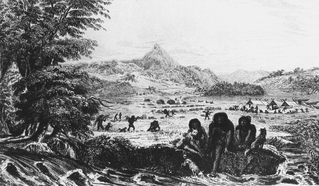 Detail of Fuegians at Woollya, with the Fitzroy expedition's camp in the background, 1831 (1839) by Unknown