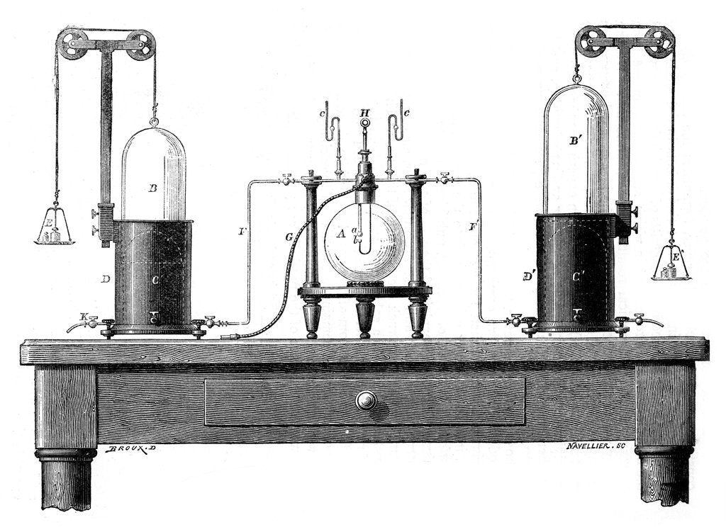 Detail of Antoine Lavoisier's apparatus for synthesizing water from hydrogen (left) and oxygen (right), 1881 by Unknown