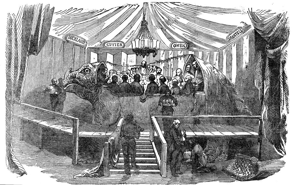 Detail of Naturalists dining inside a model of a dinosaur, Crystal Palace, Sydenham, New Year's Eve, 1853 by Unknown