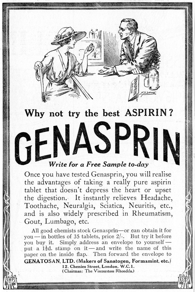 Detail of Advertisement for Genasprin, a proprietary brand of the drug Aspirin. 1919 by Unknown