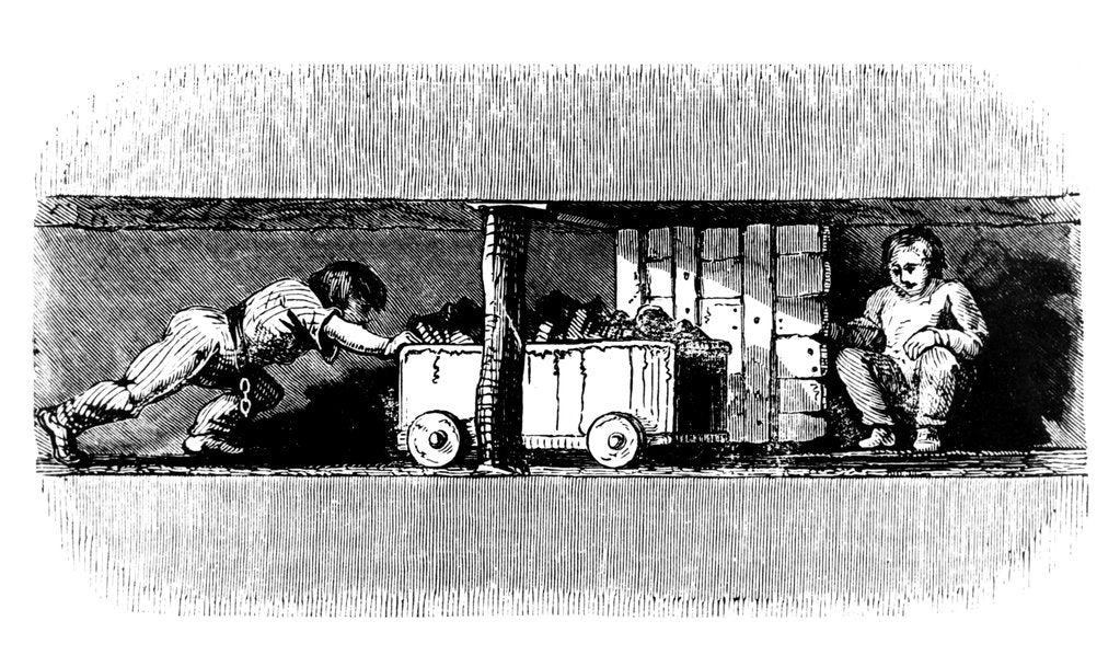 Detail of Boy pushing a truck loaded with coal from the coal face to the bottom of the pit shaft, c1848 by Unknown