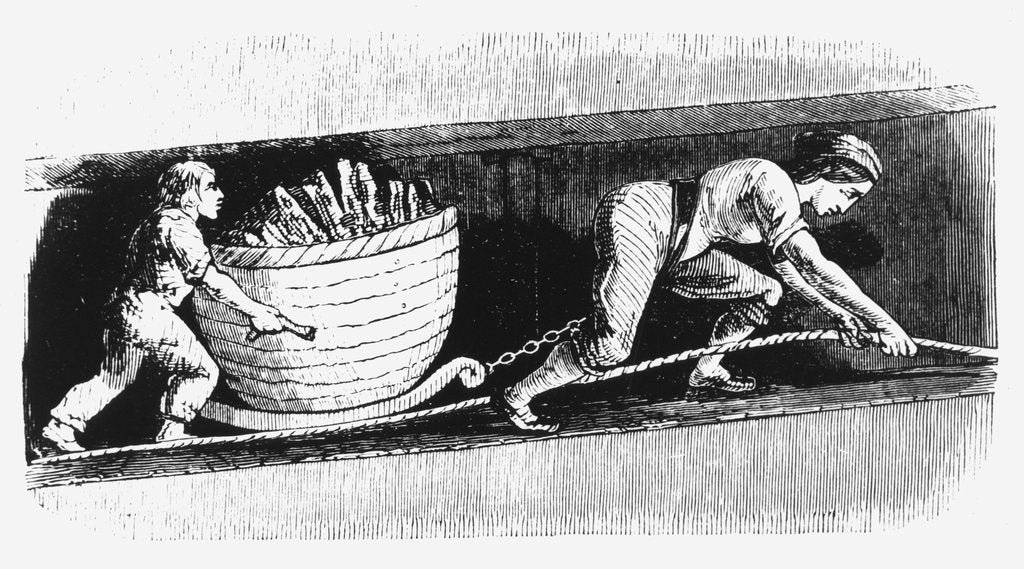 Detail of Woman and boy drawing a corve containing 3-4 cwt of coal, Bolton, Lancashire, 1848 by Unknown