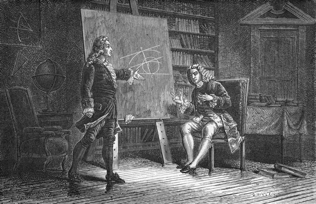 Detail of Jean and Jacques Bernoulli working on geometrical problems, 18th century, (1874) by Unknown