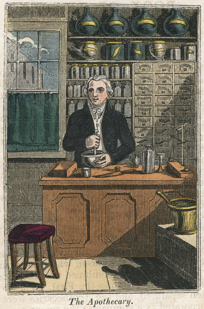 Detail of The apothecary using pestle and mortar to prepare drugs, 1823 by Unknown