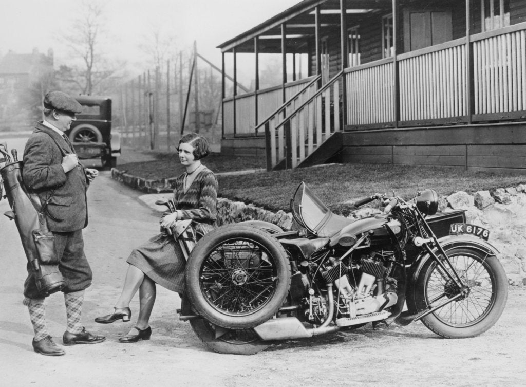 Detail of Golfers with a 1939 AJS and sidecar, (c1939?) by Unknown