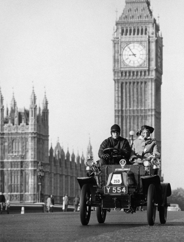 Detail of 1903 De Dion on the London to Brighton Run with Big Ben behind, London by Unknown